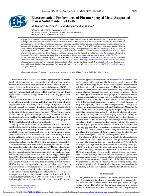 (PDF) Electrochemical Performance of Plasma Sprayed Metal Supported ...