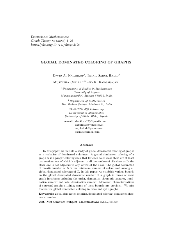 (PDF) Global dominated coloring of graphs