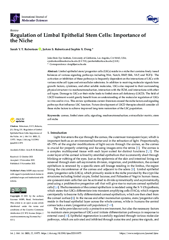 (PDF) Regulation of Limbal Epithelial Stem Cells: Importance of the Niche