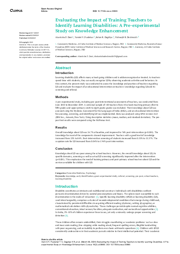 (PDF) Evaluating the Impact of Training Teachers to Identify Learning ...