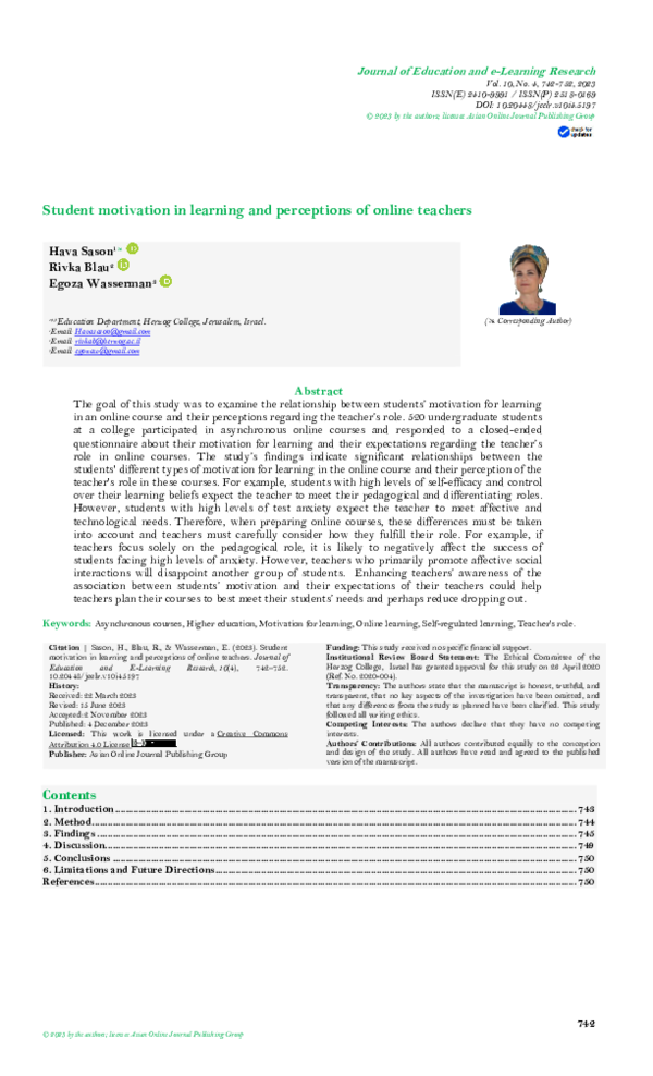 (PDF) Student motivation in learning and perceptions of online teachers