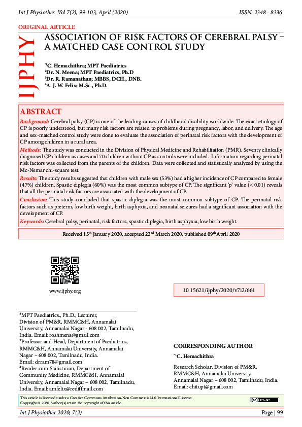 (PDF) ASSOCIATION OF RISK FACTORS OF CEREBRAL PALSY -A MATCHED CASE ...