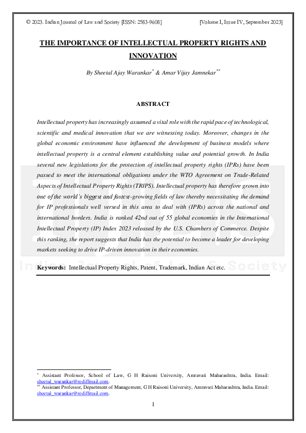 (PDF) THE IMPORTANCE OF INTELLECTUAL PROPERTY RIGHTS AND INNOVATION