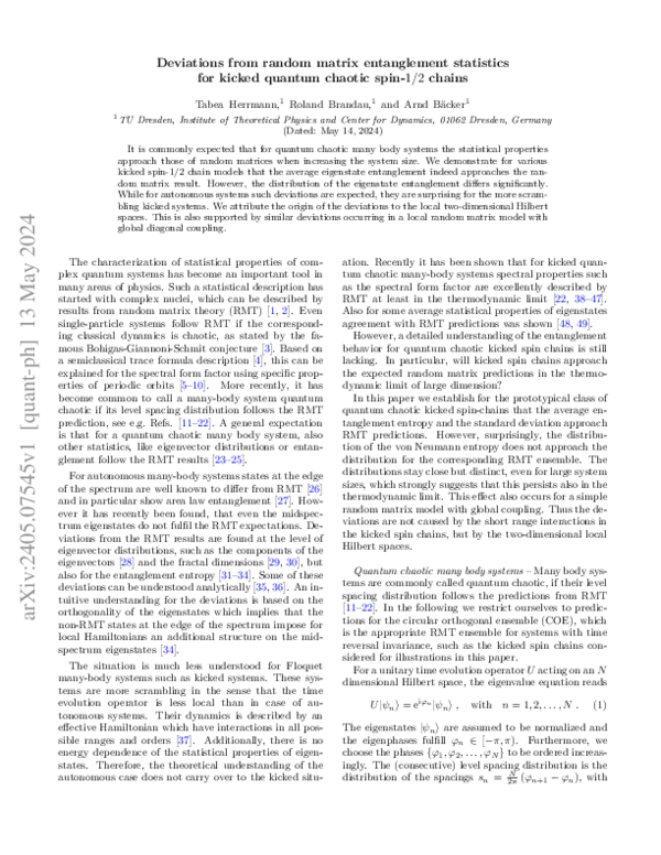 (PDF) Deviations from random matrix entanglement statistics for kicked ...