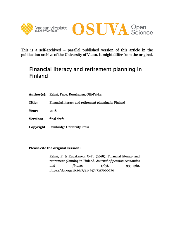 (PDF) Financial literacy and retirement planning in Finland
