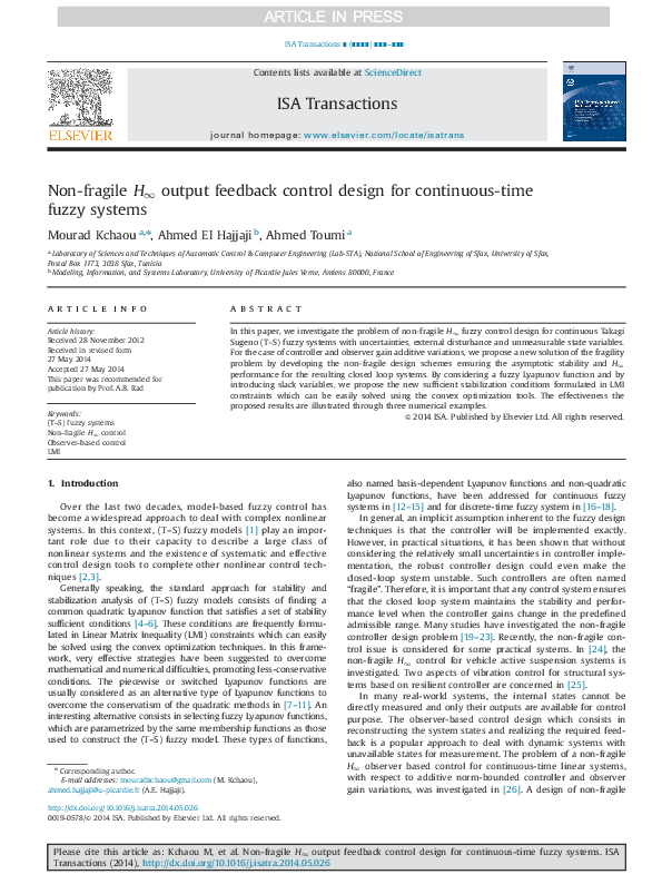 (PDF) Non-fragile H∞ output feedback control design for continuous-time ...
