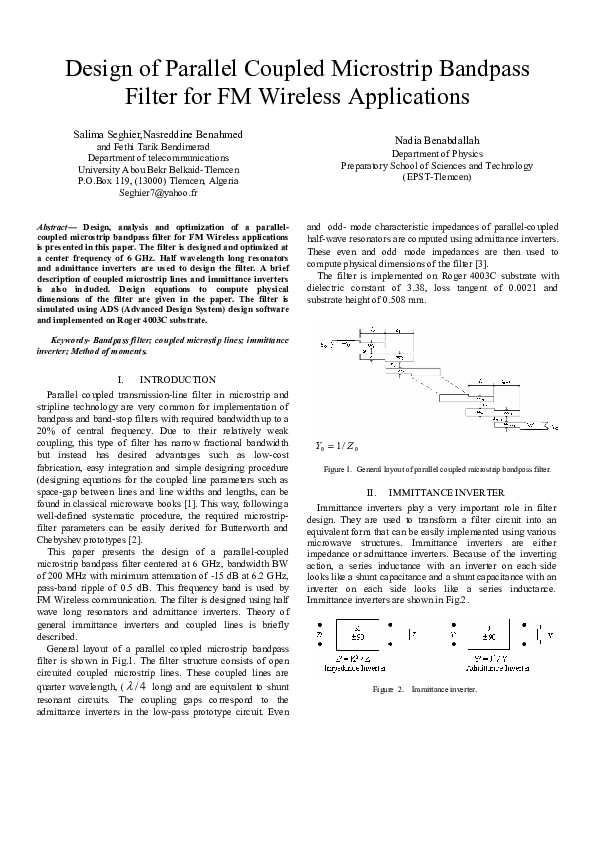 (PDF) Design of parallel coupled microstrip bandpass filter for FM ...