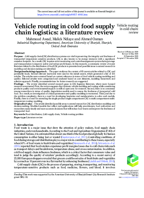 (PDF) Vehicle routing in cold food supply chain logistics: a literature ...