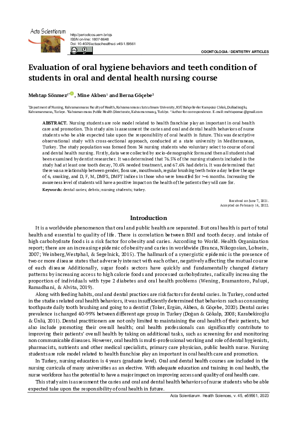 (PDF) Evaluation of oral hygiene behaviors and teeth condition of ...