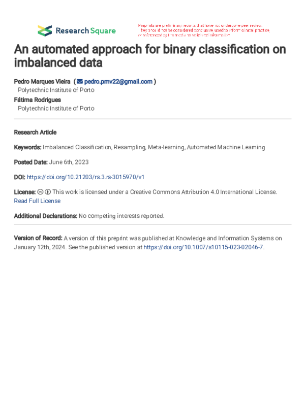 (PDF) An automated approach for binary classification on imbalanced data
