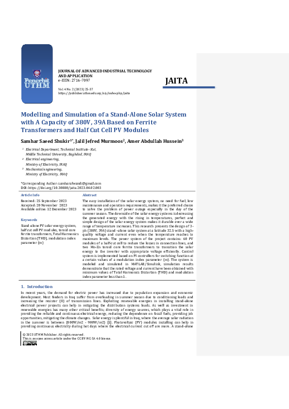 (PDF) Modelling and Simulation of a Stand-Alone Solar System with A ...