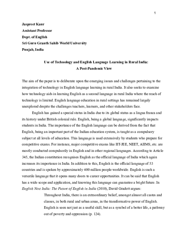 (PDF) Use of Technology and English Language Learning in Rural India: A ...
