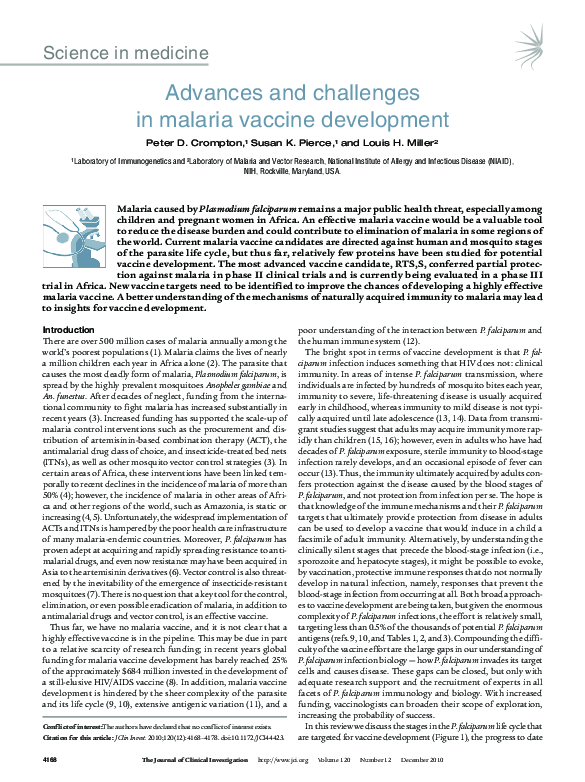 (PDF) Advances and challenges in malaria vaccine development