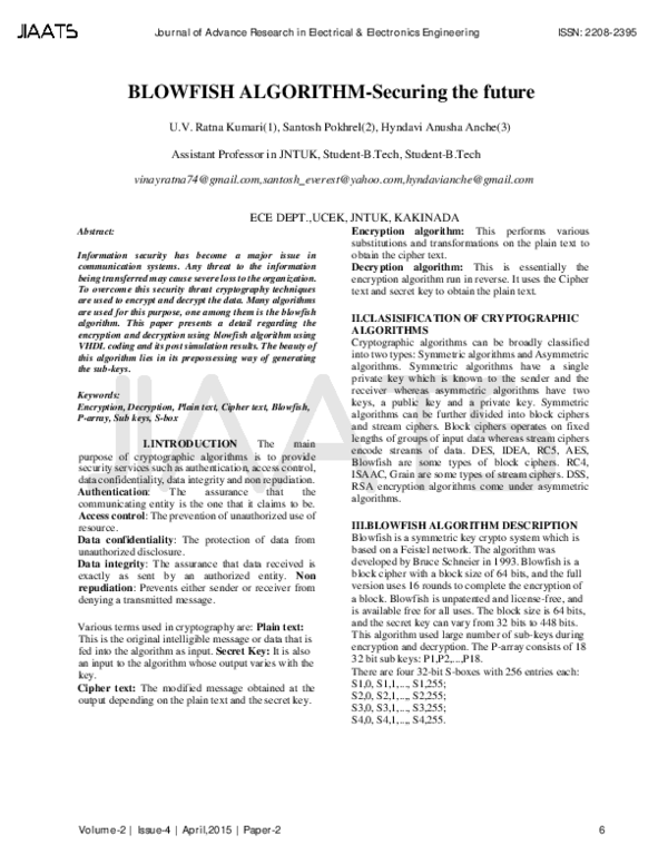 (PDF) Blowfish Algorithm-Securing the Future