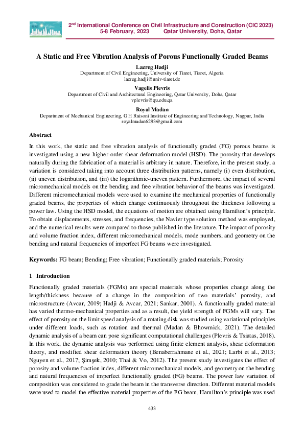 (PDF) A Static and Free Vibration Analysis of Porous Functionally ...