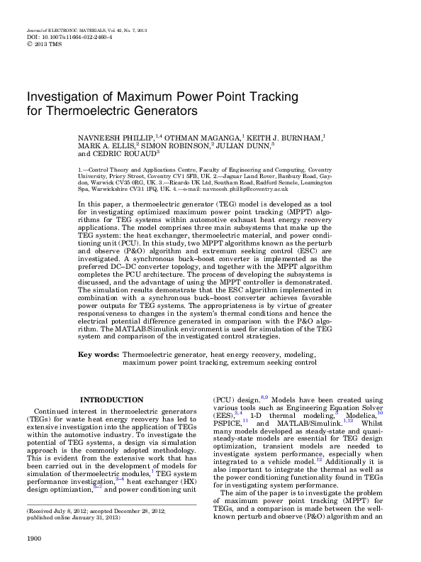 (PDF) Investigation of Maximum Power Point Tracking for Thermoelectric ...