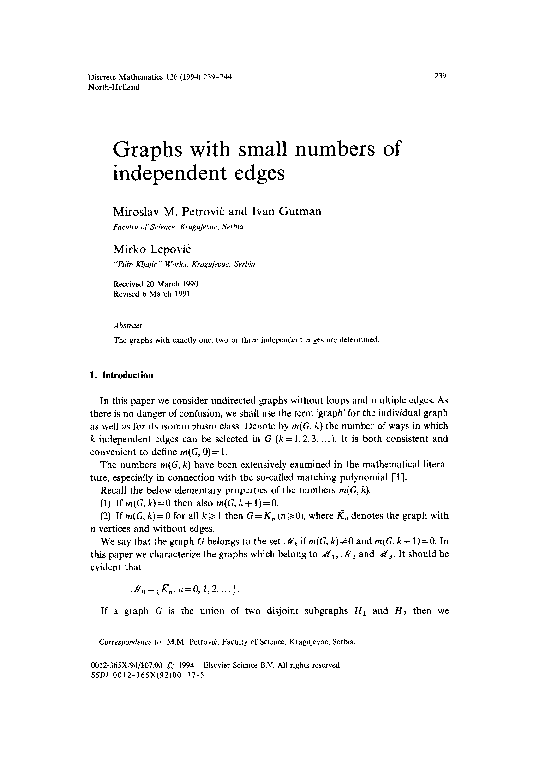 (PDF) Graphs with small numbers of independent edges