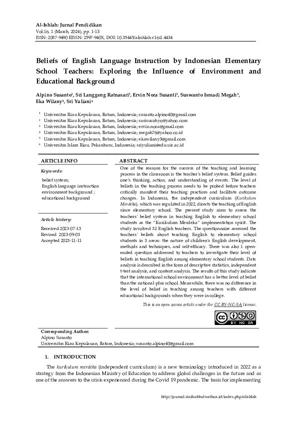 (PDF) Beliefs of English Language Instruction by Indonesian Elementary ...