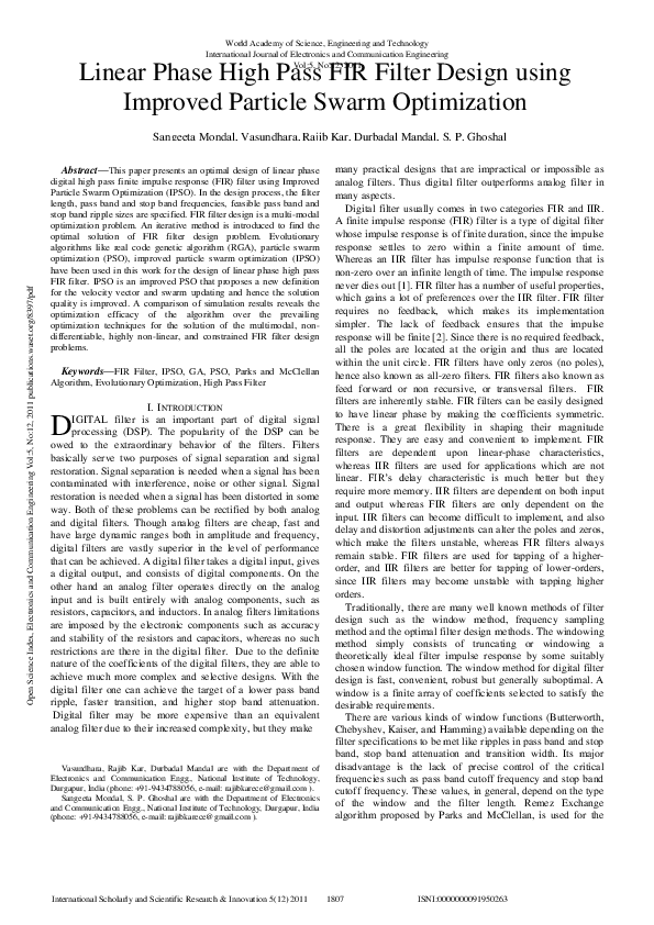 (PDF) Linear Phase High Pass FIR Filter Design using Improved Particle ...