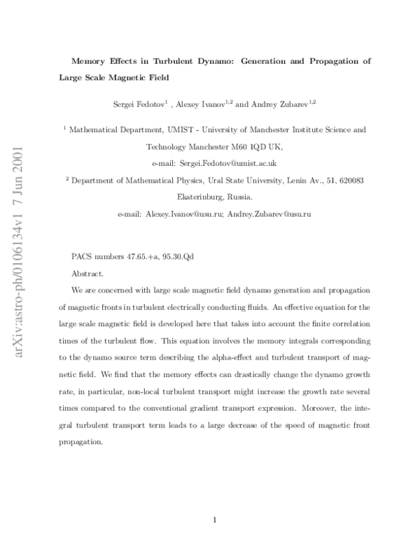 (PDF) Memory effects in a turbulent dynamo: Generation and propagation ...