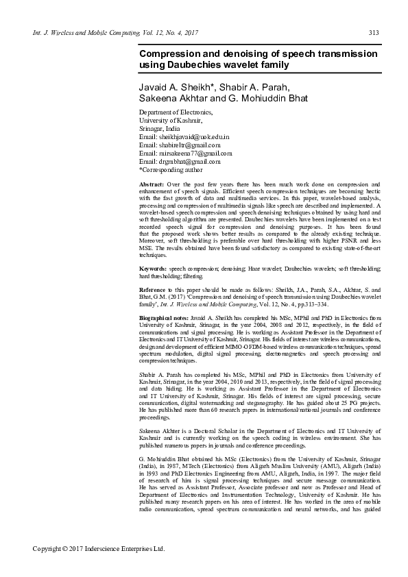 (PDF) Compression and denoising of speech transmission using Daubechies ...