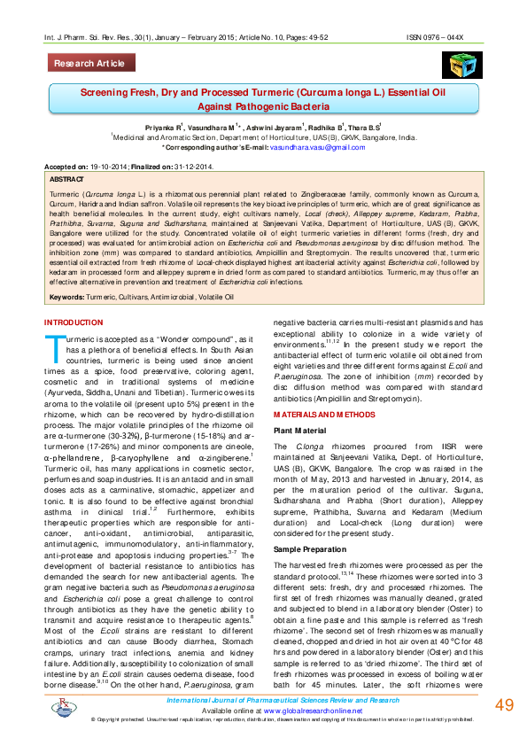 (PDF) Screening Fresh, Dry and Processed Turmeric (Curcuma longa L ...
