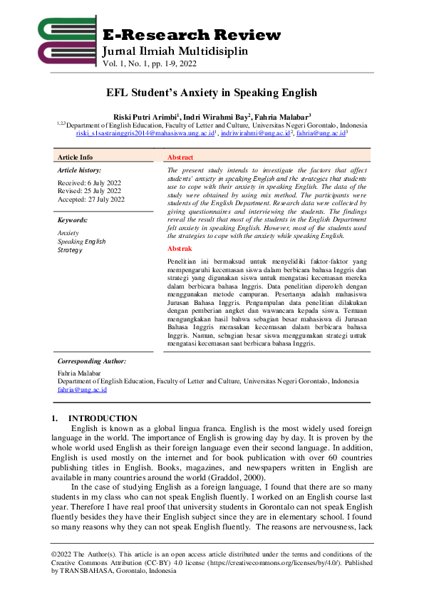 (PDF) EFL Student’s Anxiety in Speaking English | Indri Wirahmi Bay ...