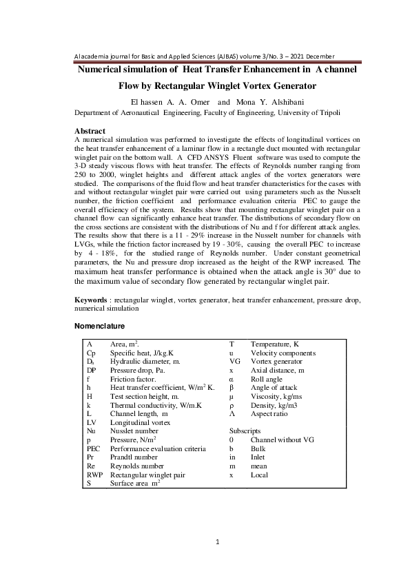 (PDF) Numerical simulation of Heat Transfer Enhancement in A channel ...