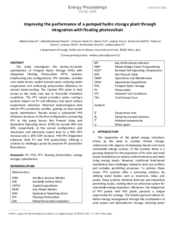 (PDF) Improving the performance of a pumped hydro storage plant through ...