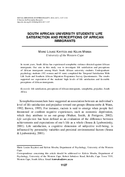 (PDF) South African University Students' Life Satisfaction and ...