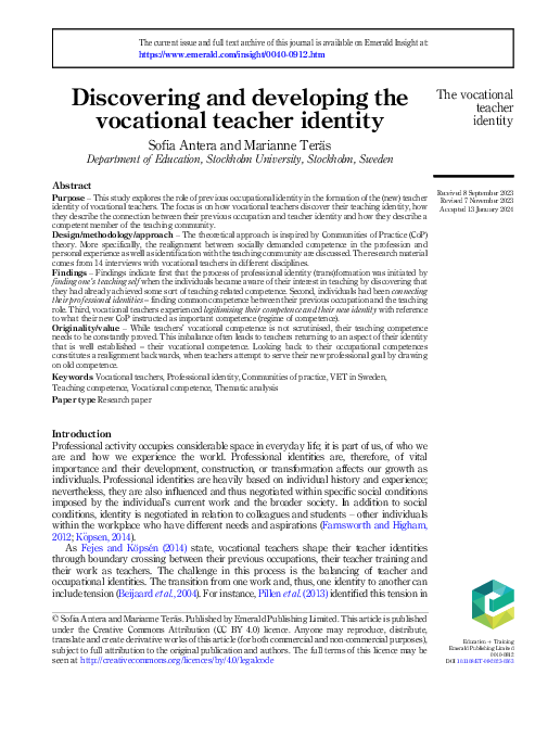 (PDF) Discovering and developing the vocational teacher identity
