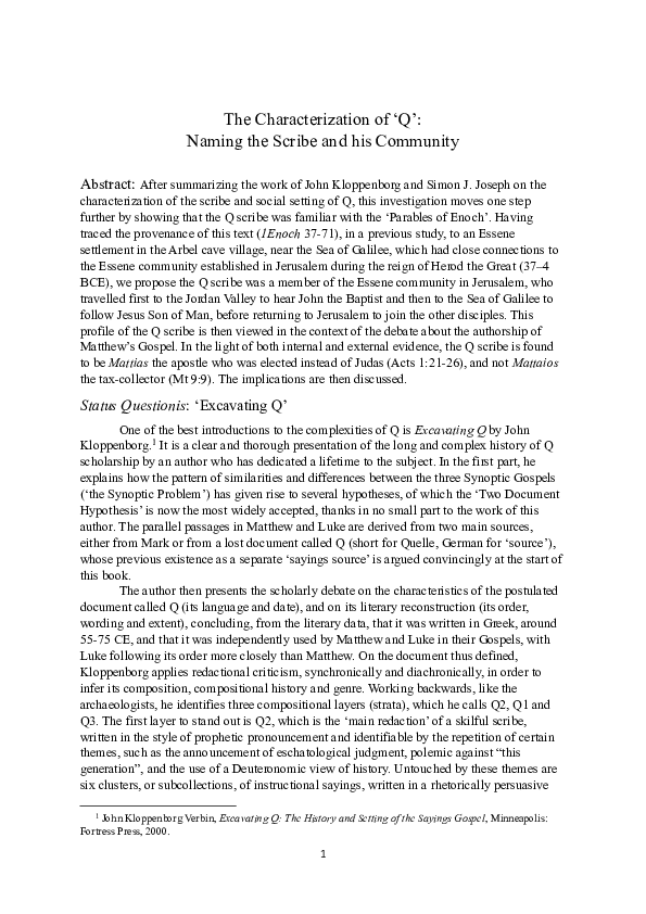 (PDF) The Characterization of 'Q': Naming the Q Scribe and his Community