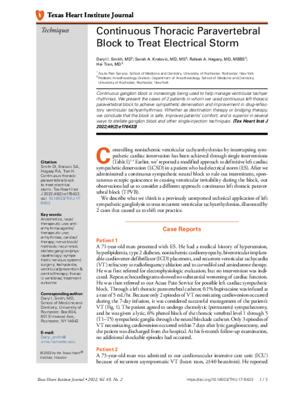(PDF) Continuous Thoracic Paravertebral Block to Treat Electrical Storm
