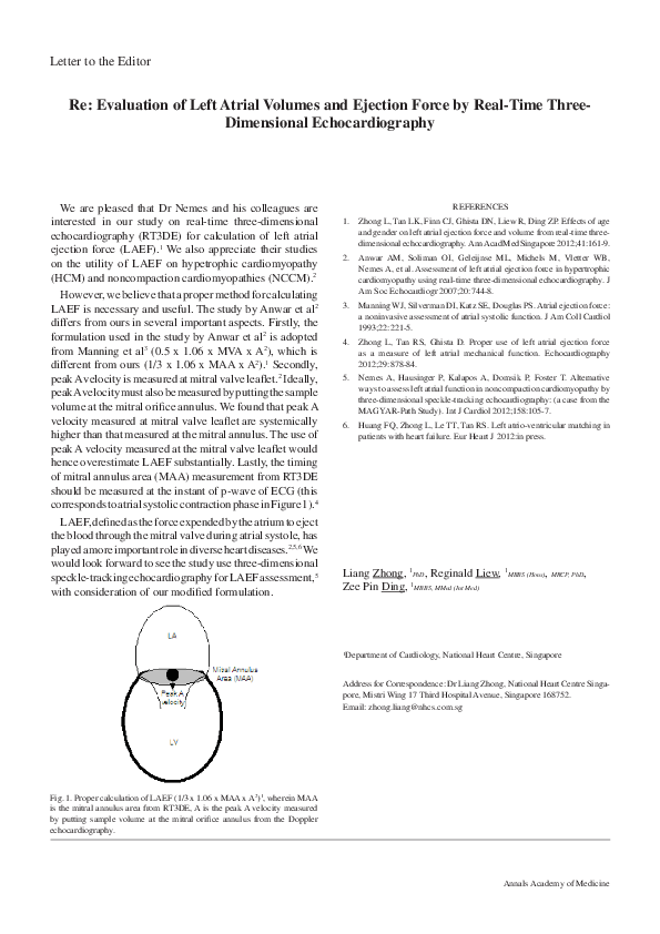 (PDF) Re: Evaluation of Left Atrial Volumes and Ejection Force by Real ...