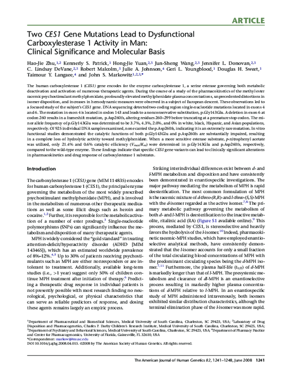 (PDF) Two CES1 Gene Mutations Lead to Dysfunctional Carboxylesterase 1 ...