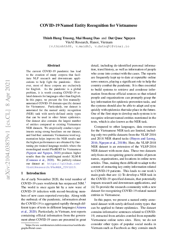 (PDF) COVID-19 Named Entity Recognition for Vietnamese