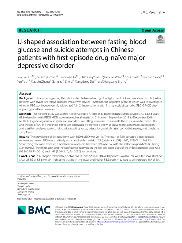 (PDF) U-shaped association between fasting blood glucose and suicide ...