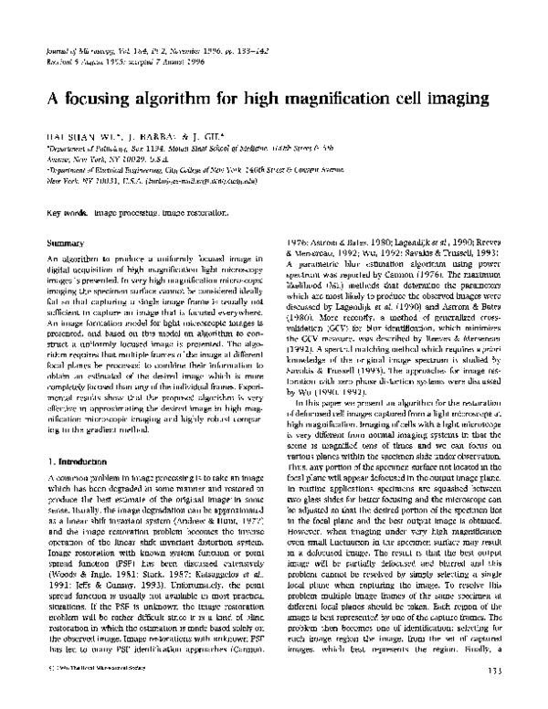 (PDF) A focusing algorithm for high magnification cell imaging