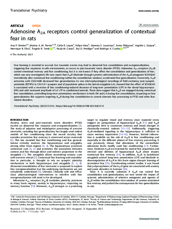 (PDF) Adenosine A2A receptors control generalization of contextual fear ...