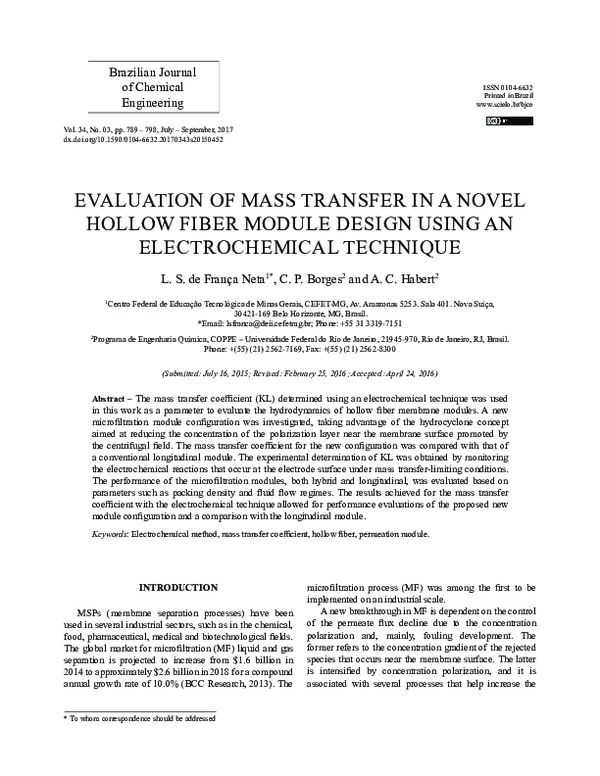 (PDF) Evaluation of mass transfer in a novel hollow fiber module design ...