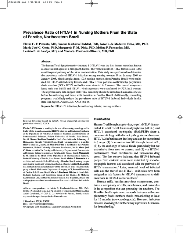 (PDF) Prevalence Ratio of HTLV-1 in Nursing Mothers From the State of ...