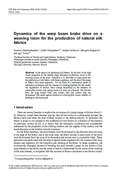 (PDF) Dynamics of the warp beam brake drive on a weaving loom for the ...