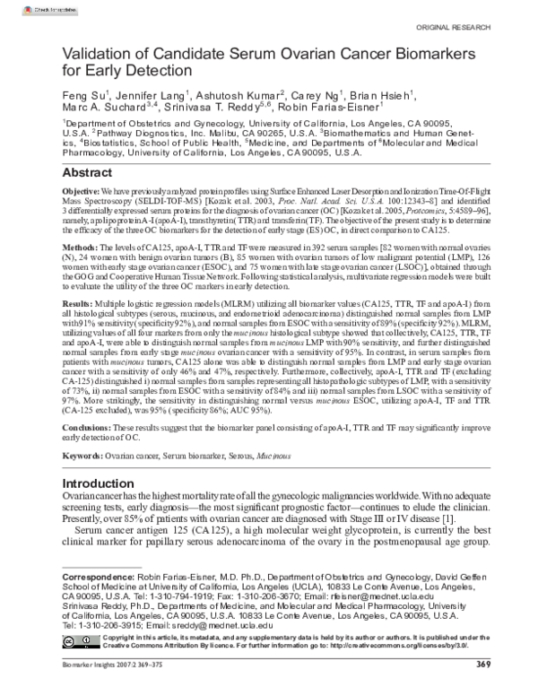 (PDF) Validation of Candidate Serum Ovarian Cancer Biomarkers for Early ...
