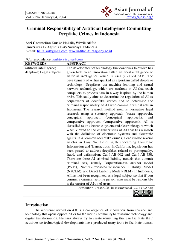 (PDF) Criminal Responsibility of Artificial Intelligence Committing ...
