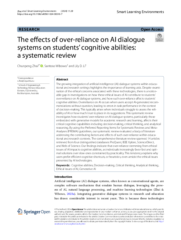 (PDF) The effects of overreliance on AI dialogue systems on students