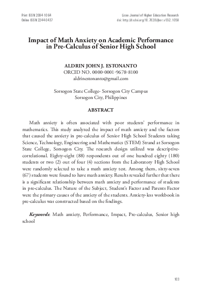 (PDF) Impact of Math Anxiety on Academic Performance in Pre-Calculus of ...