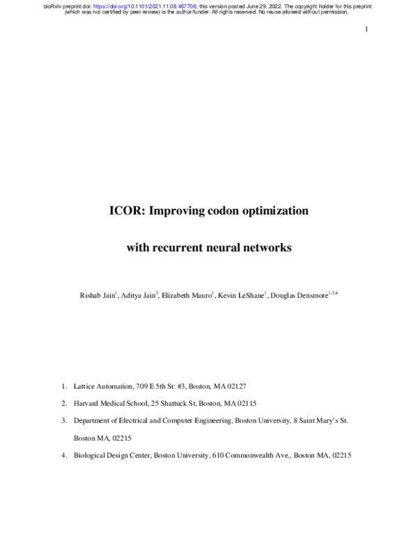 (PDF) ICOR: Improving codon optimization with recurrent neural networks