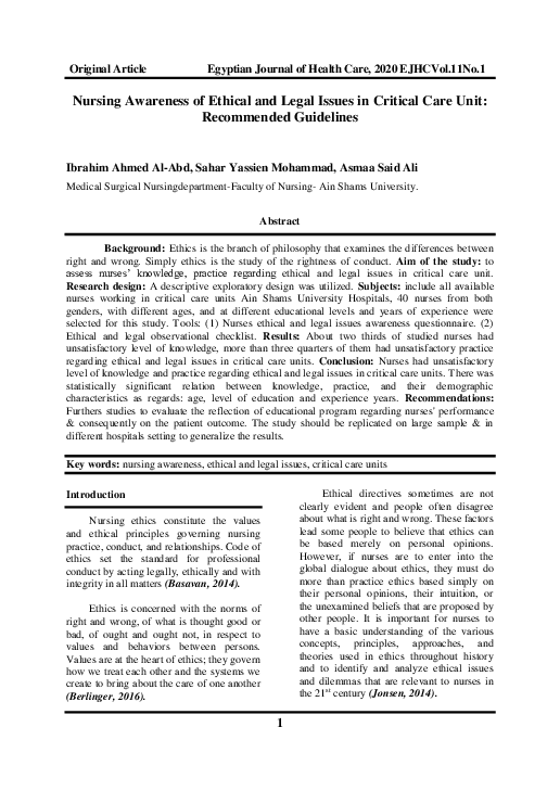 (PDF) Nursing Awareness of Ethical and Legal Issues in Critical Care ...