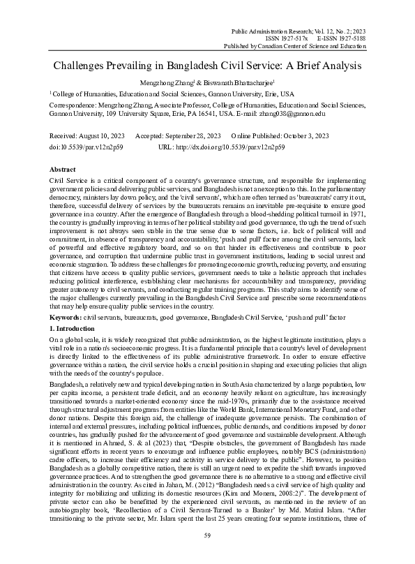 (PDF) Challenges Prevailing in Bangladesh Civil Service: A Brief Analysis