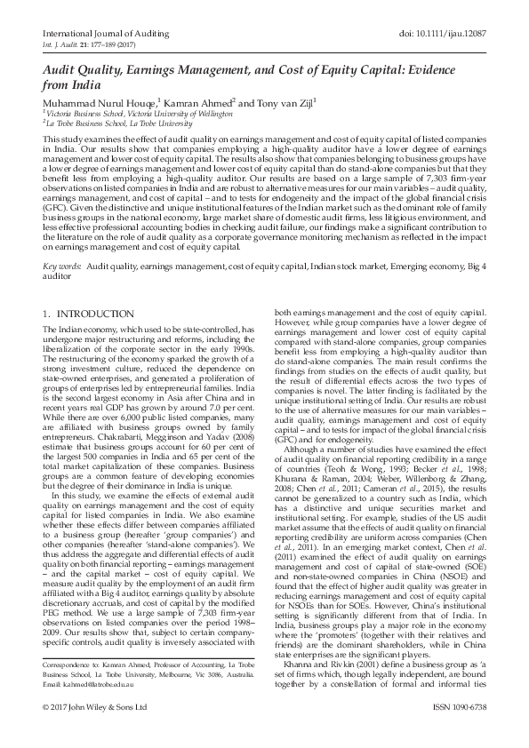 (PDF) Audit Quality, Earnings Management, and Cost of Equity Capital ...